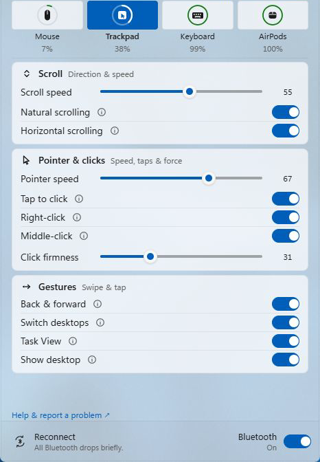 Tenon showing Magic Mouse, Magic Trackpad, Magic Keyboard and AirPods battery tiles, with Trackpad settings open.