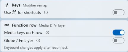 Tenon Magic Keyboard controls: Use Command for shortcuts, Globe / Fn layer and Media keys on F-row.