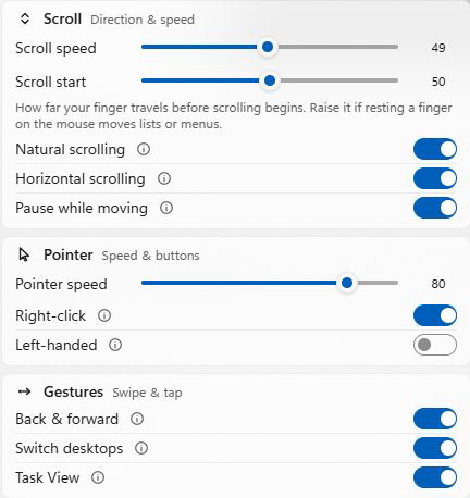Tenon Magic Mouse settings for scrolling, gestures, pointer speed and left-handed use.