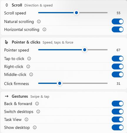 Tenon Magic Trackpad settings for scrolling, built-in gestures, tap-to-click and click firmness.